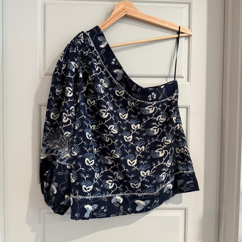 Ulla Johnson Floral Navy One Sleeve Off the Shoulder Top Medium - Picture 6 of 7